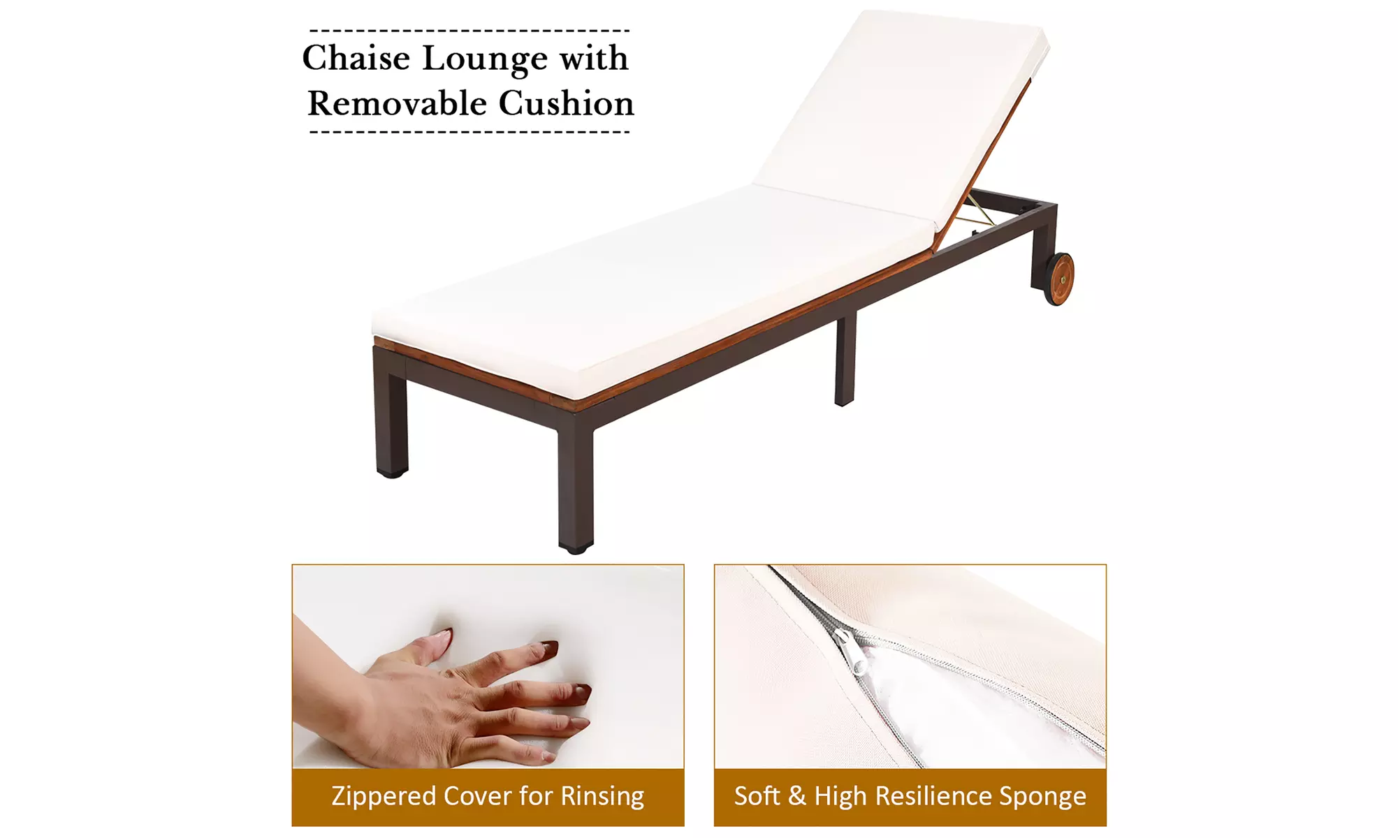 Patio Acacia Wood Lounge Chair Chaise Recliner Adjustable Backrest Cushion Wheel