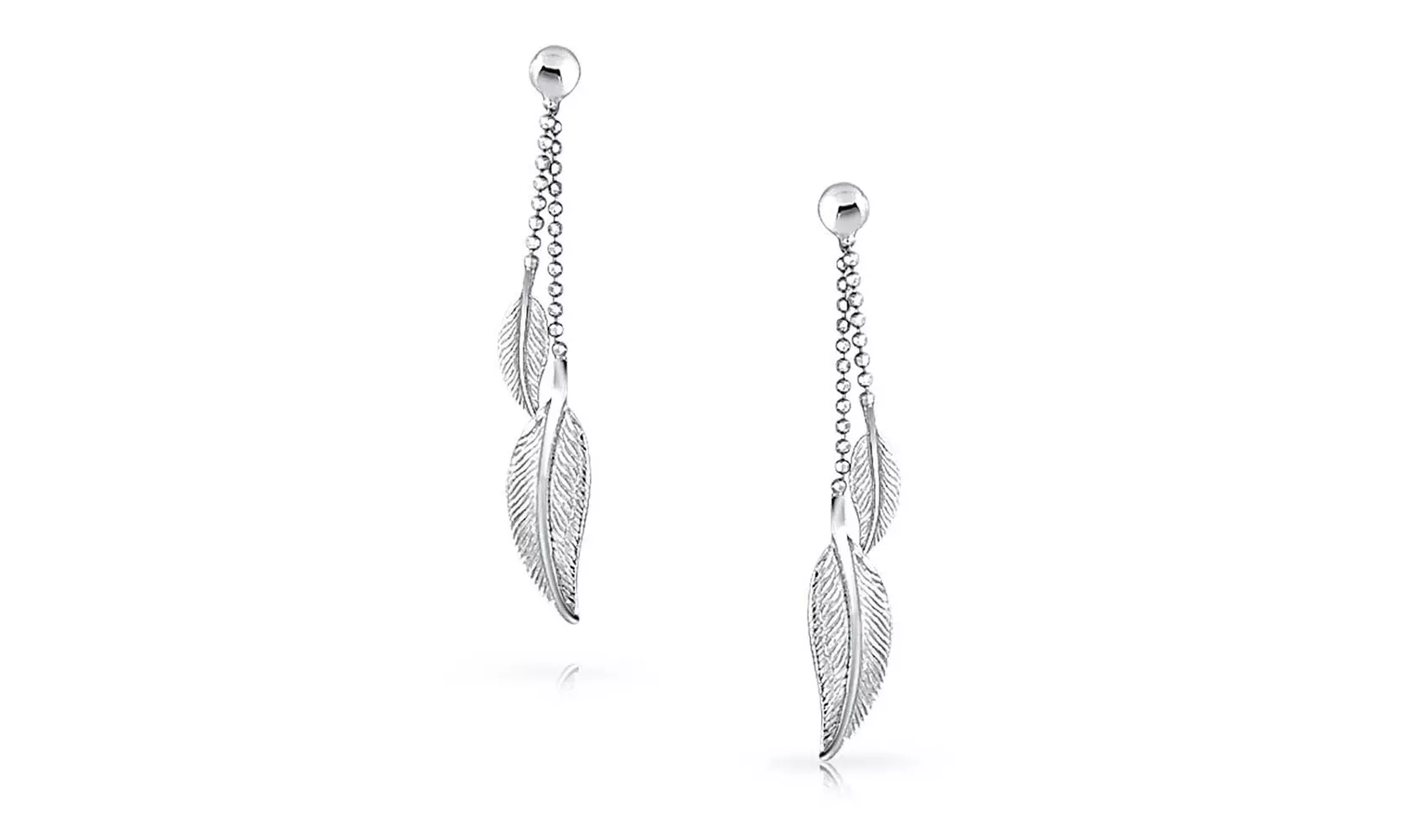 Bling Jewelry 925 Silver Beaded Ball Chain Dangle Feather Earrings - Primary Image