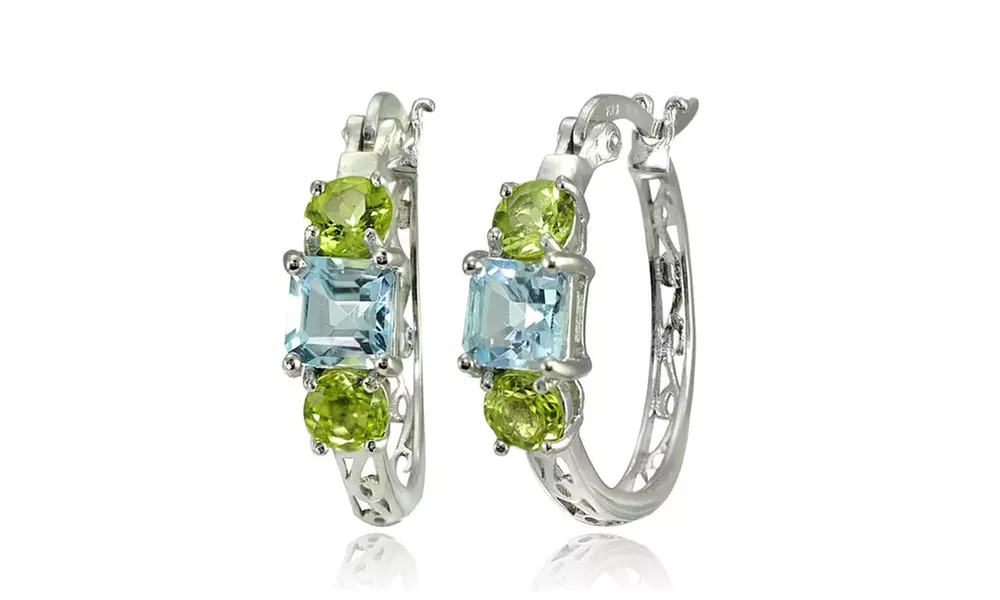 Sterling Silver Blue Topaz and Peridot Three-Stone Filigree Hoop Earrings
