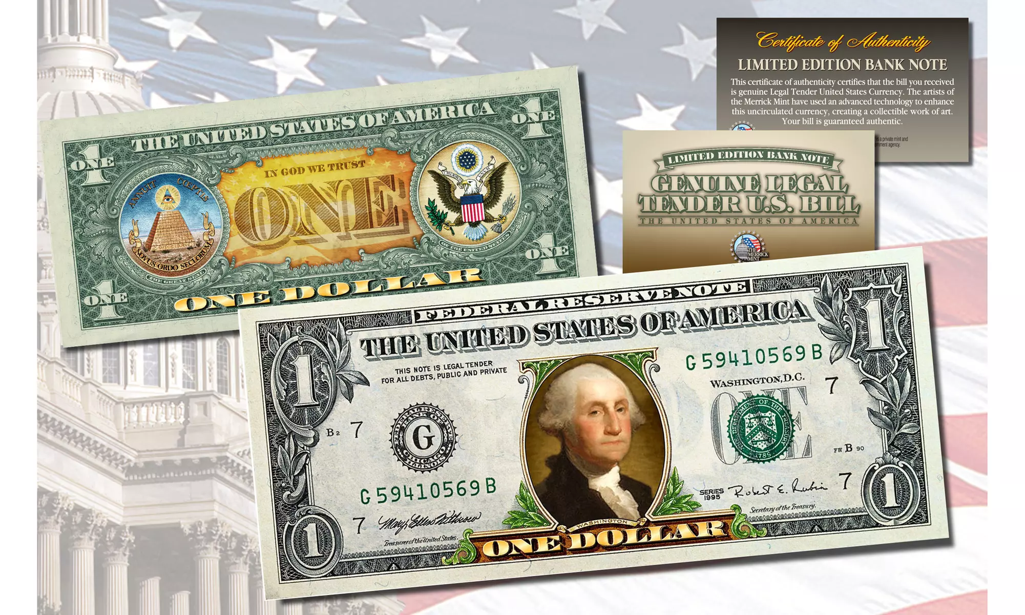 Colorized Two-Sided U.S. One or Two Bill Genuine Legal Tender Currency