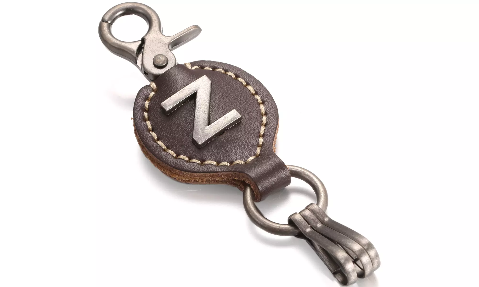Mio Marino Men's Single Letter Alphabet Brown Leather Keychain with Easy Clasp - Primary Image