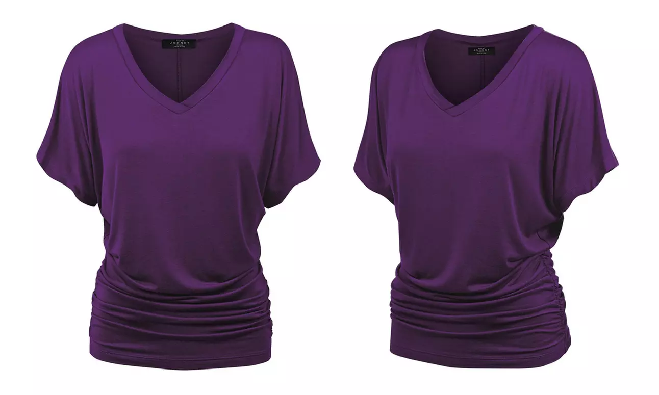 Made by Johnny Womens Solid Short Sleeve V-Neck Dolman Top with Side Shirring