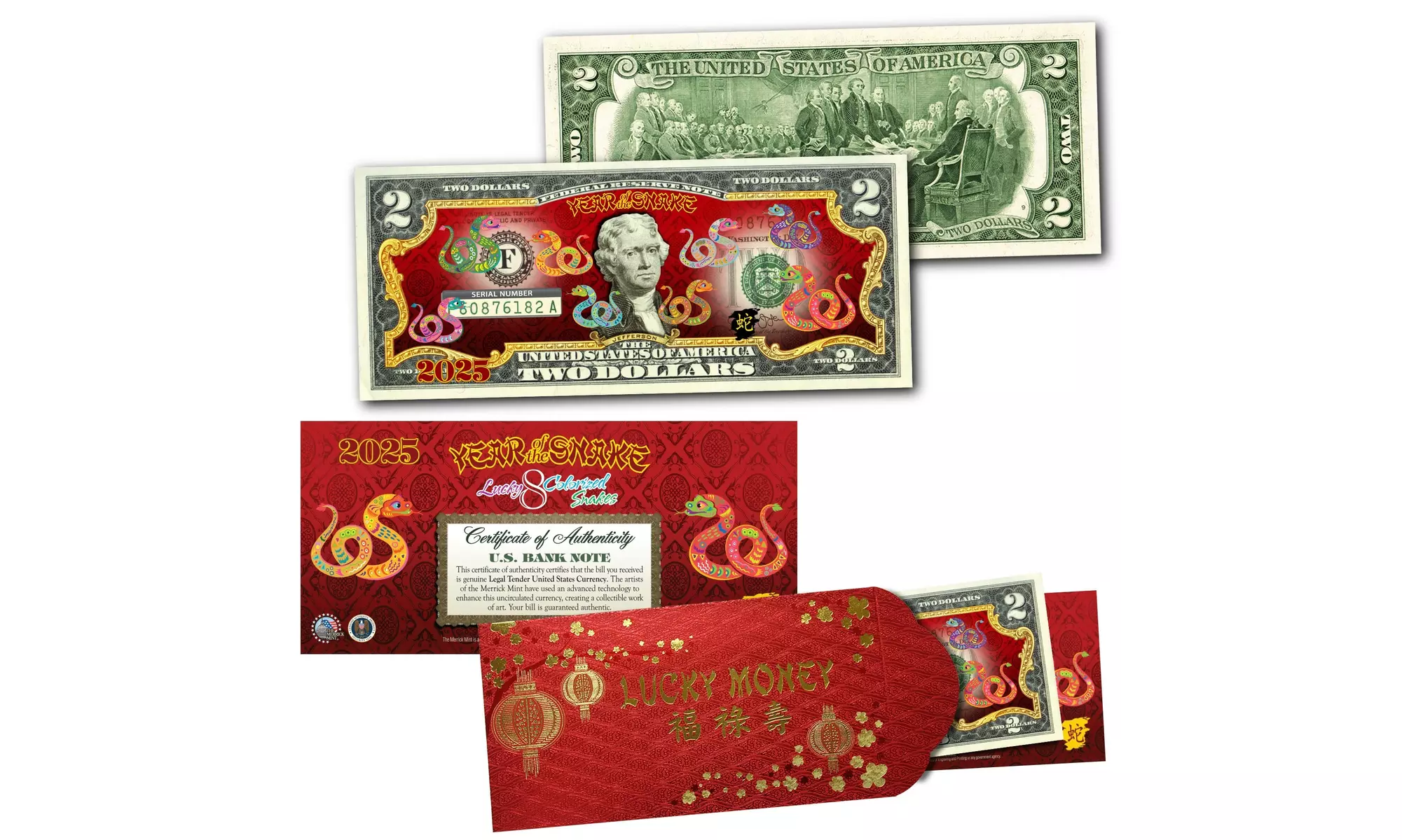 2025 Chinese New Year of the Snake Polychromatic 2.00 Dollar Bill Red Envelope 