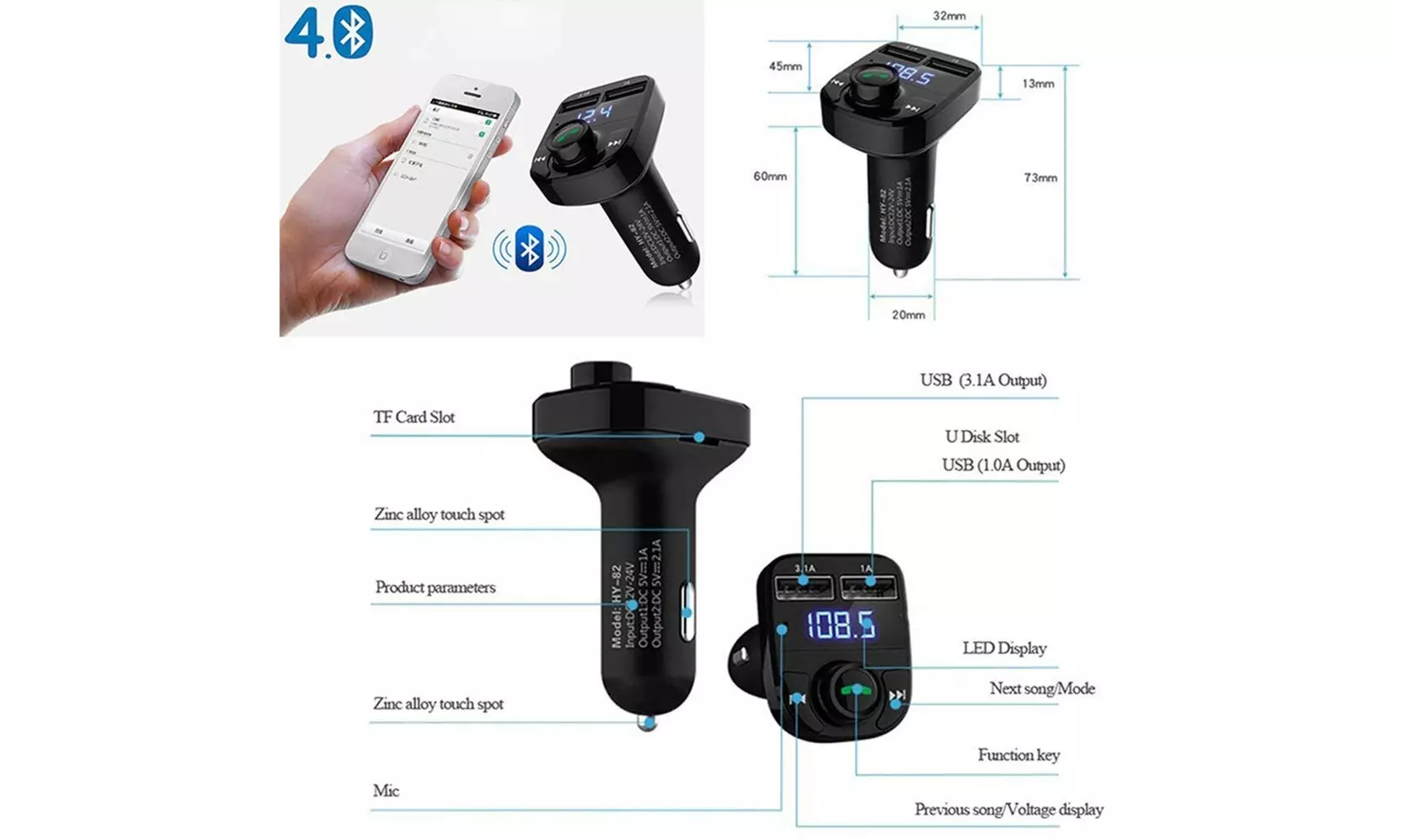 Bluetooth Car Kit FM Transmitter Wireless Radio Adapter USB Charger