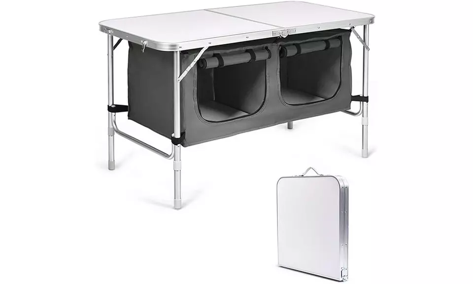 Outdoor Folding Table with Storage Organizer & 2-Level Adjustable Height