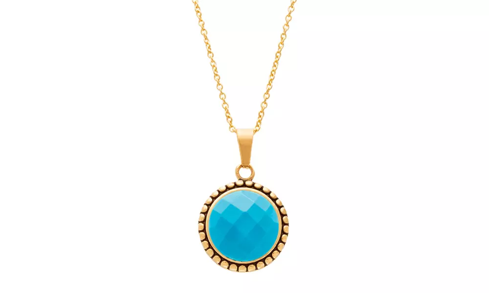 Gold-Tone Stainless Steel Turquoise Beaded Border Cable Chain Necklace - Second Medium