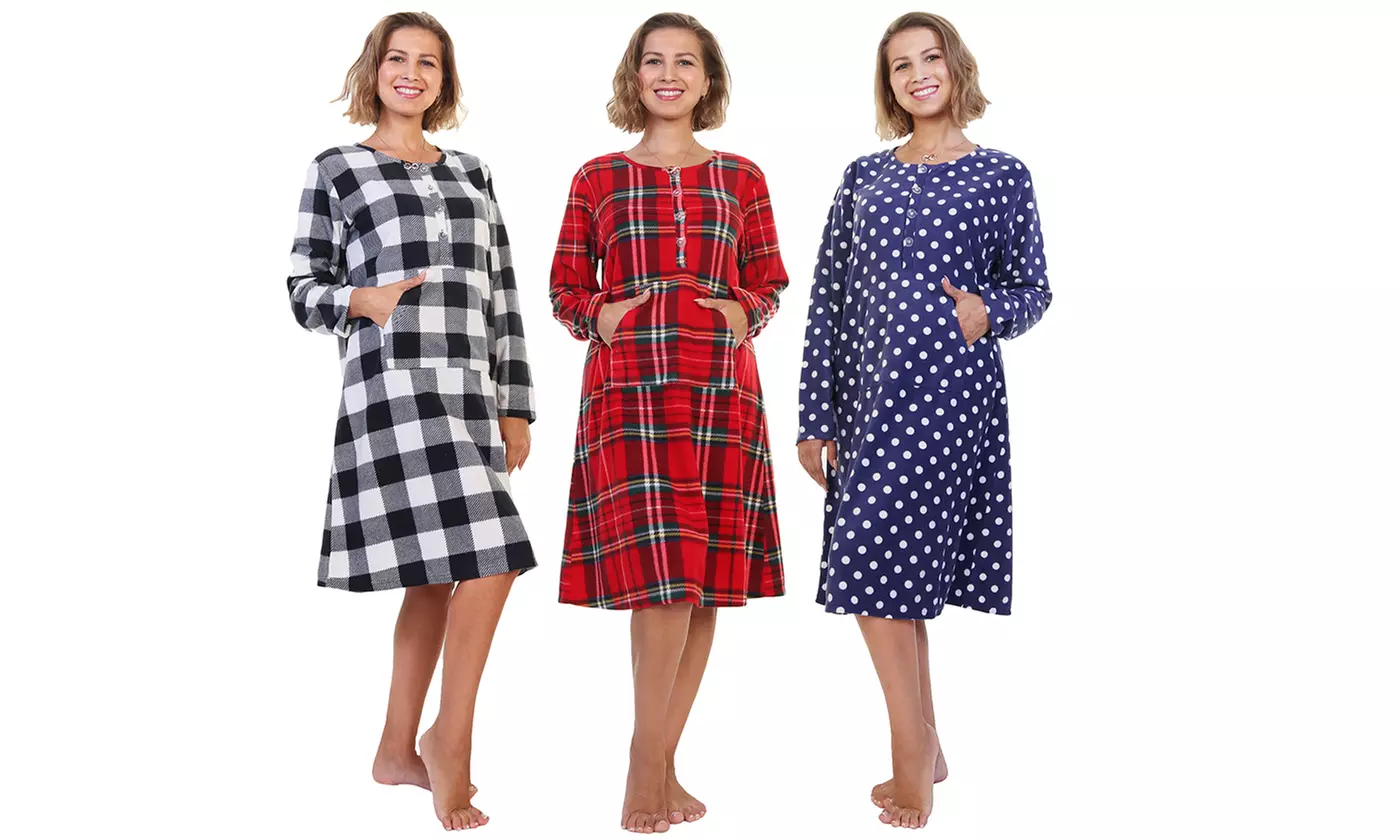 Fleece Long Sleeve Nightgown Pajama with Kangaroo Pocket (also in Plus Sizes) - Primary Image