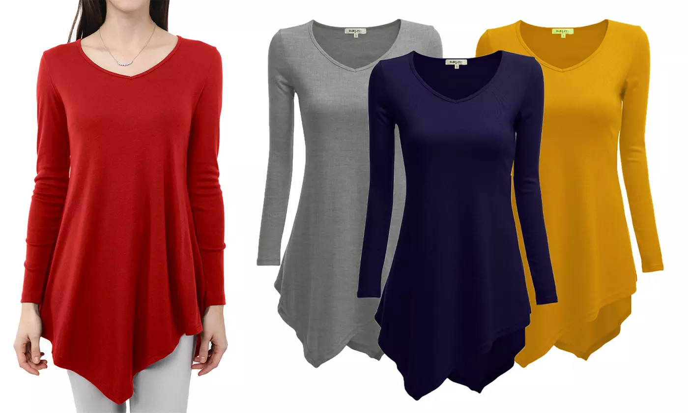 Doublju Women's Long Sleeve V-Neck Handkerchief Tunic T-Shirt - Primary Image