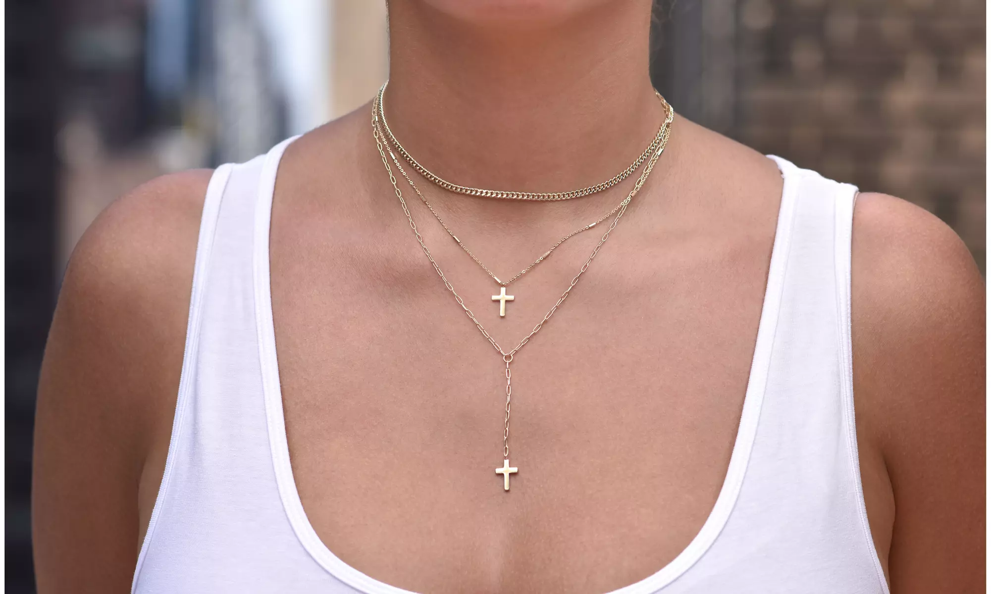 14K Gold Plated Double Cross Lariat Necklace in Sterling Silver - Primary Image