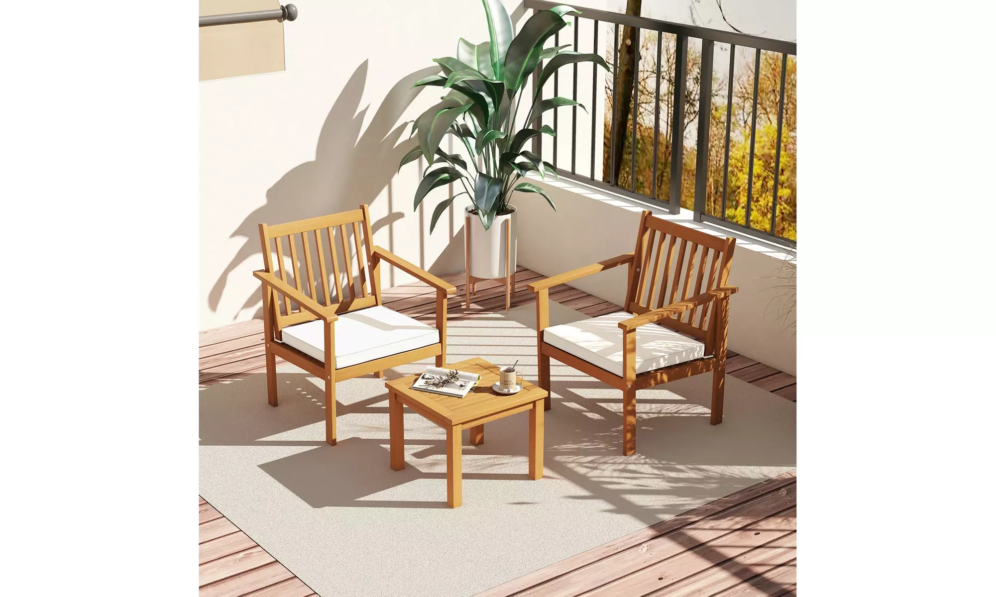 Costway 3 PCS Patio Wood Furniture Set Acacia Wood Chairs & Coffee Table