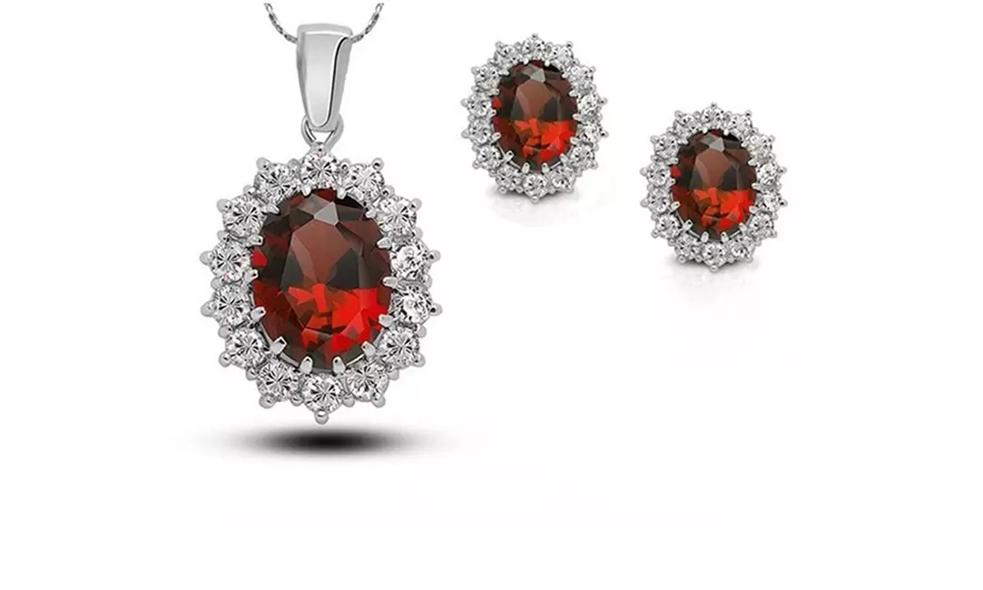 14k white Gold Plated 3 Ct Oval Shape Garnet 18 Inch Necklace And Earrings Set. - Primary Image