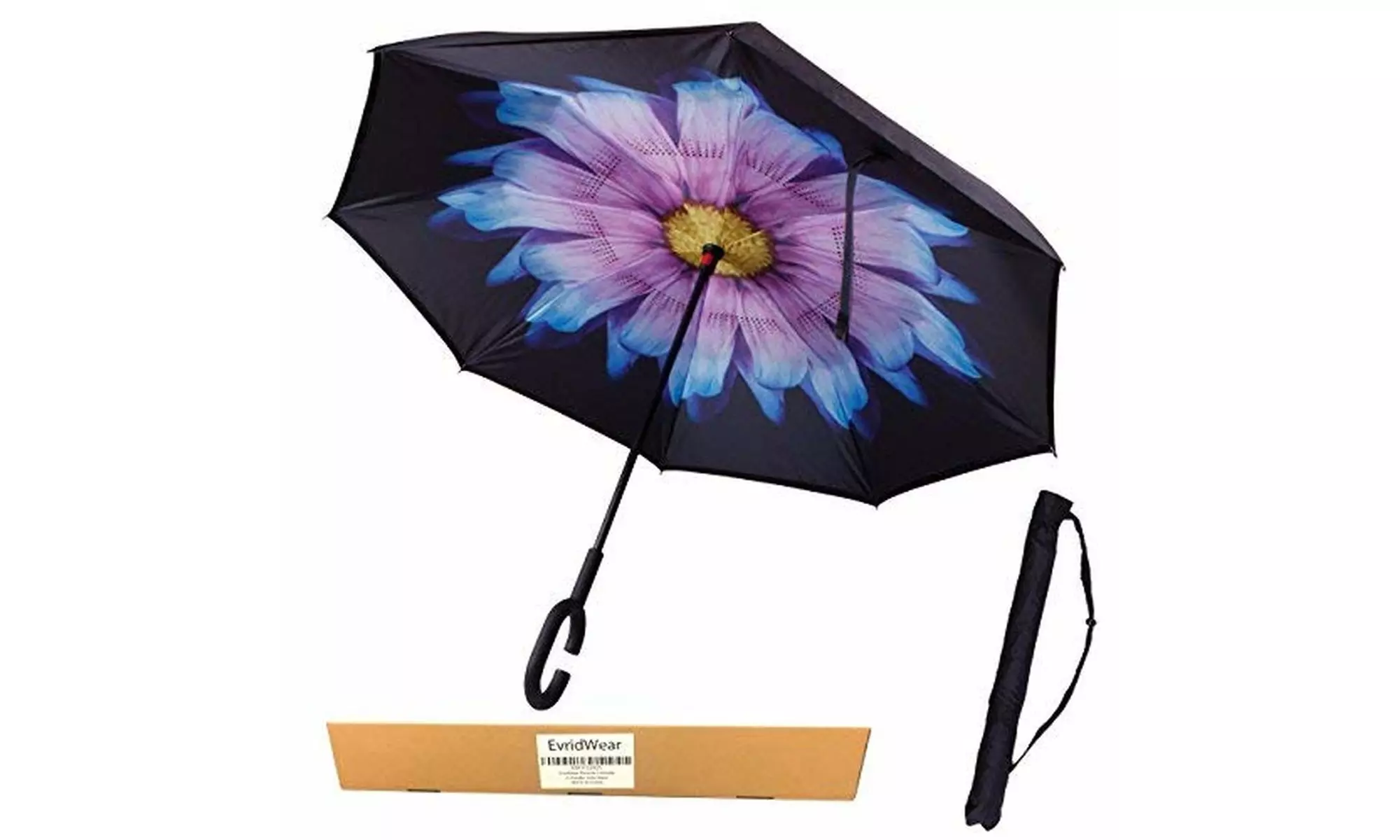 Evridwear Reverse Folding Double Layer Umbrella, C Handle(Purple Daisy)  - Primary Image