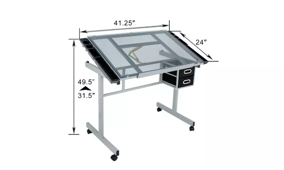 Adjustable Rolling Drawing Drafting Table Tempered Glass Work Station - Second Medium