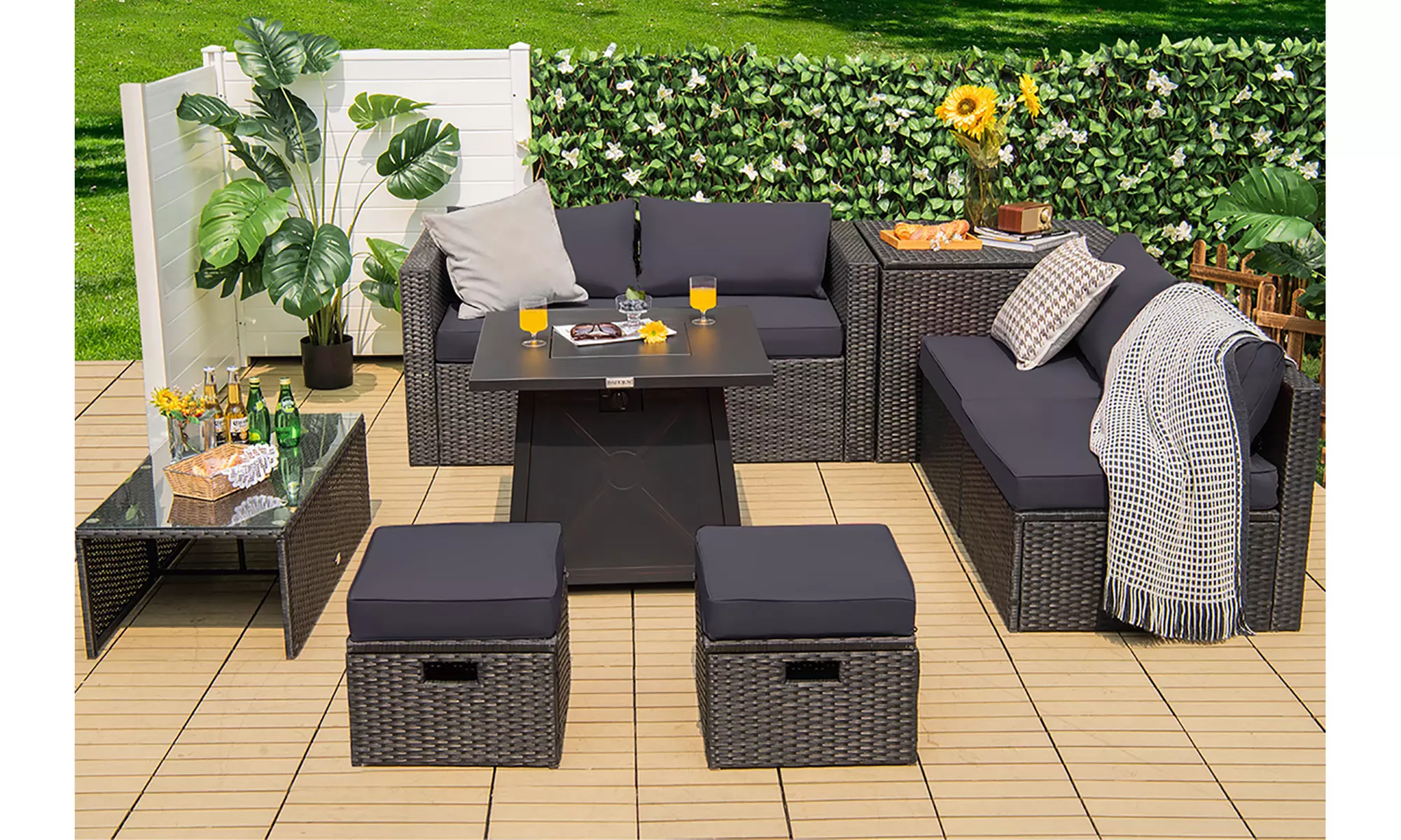 Costway 9PCS Patio Rattan Furniture Set Fire Pit Space-saving W/Cover  Cushion