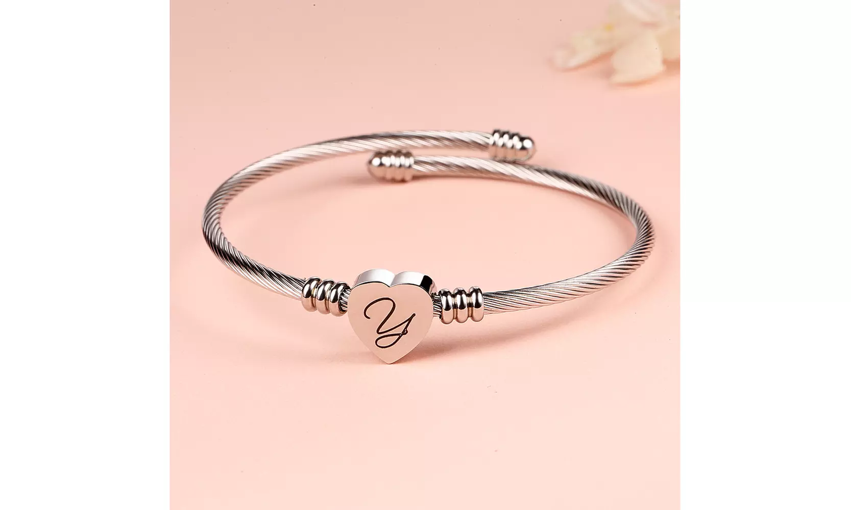 Twisted Steel Heart Cable Initial Bracelet