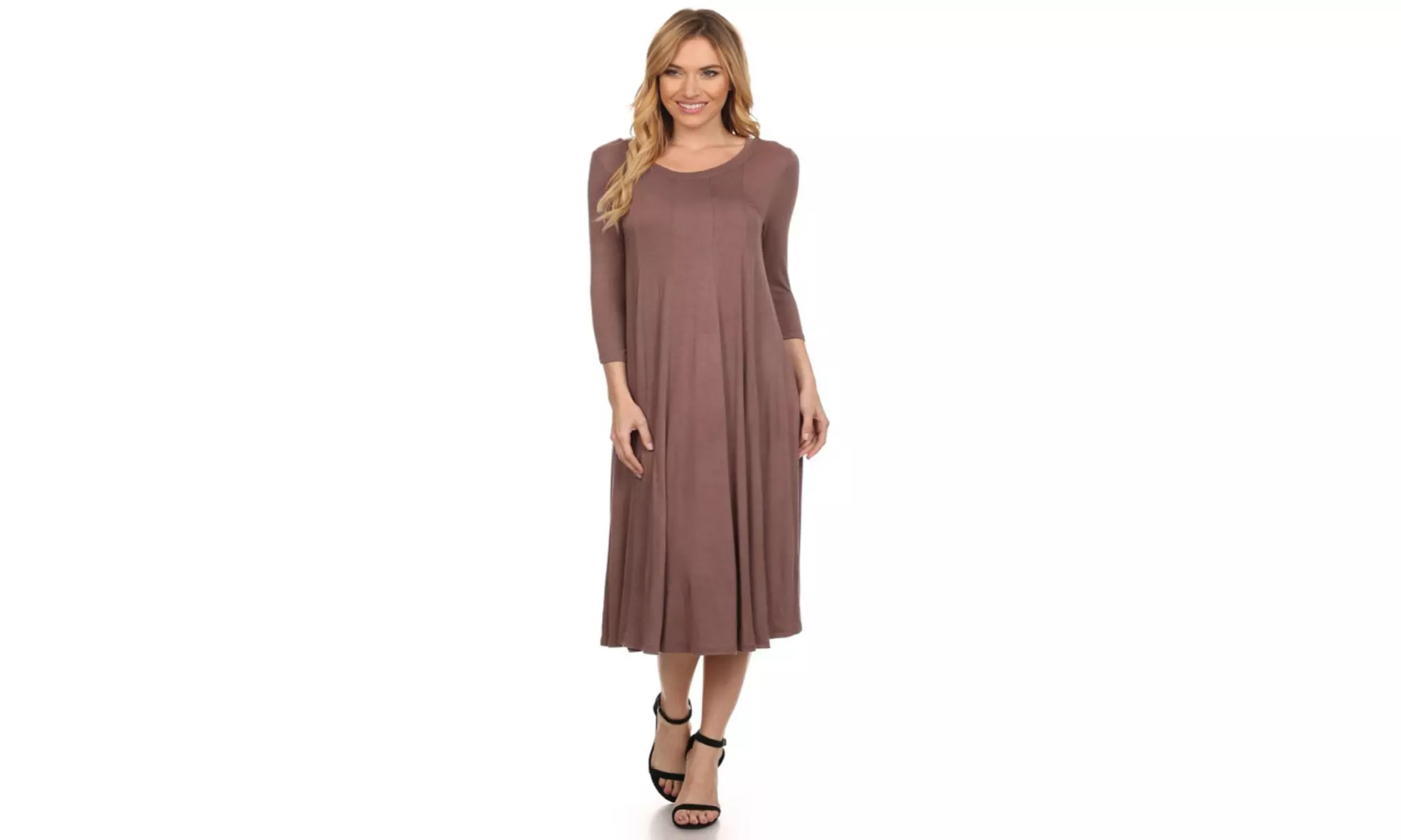 Women's Solid Casual Comfy 3/4 Sleeve Loose Fit A-line Midi Dress