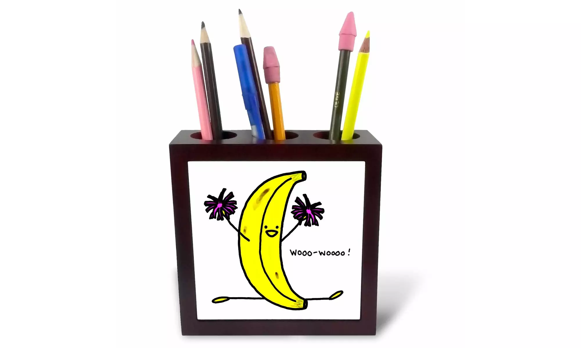  Tile Pen Holder - Cartoon of Cheering Banana - 5-inches  - Primary Image