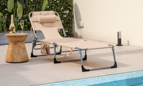 Goplus Outdoor Beach Lounge Chair Folding Chaise Lounge With Pillow 1 PC Beige