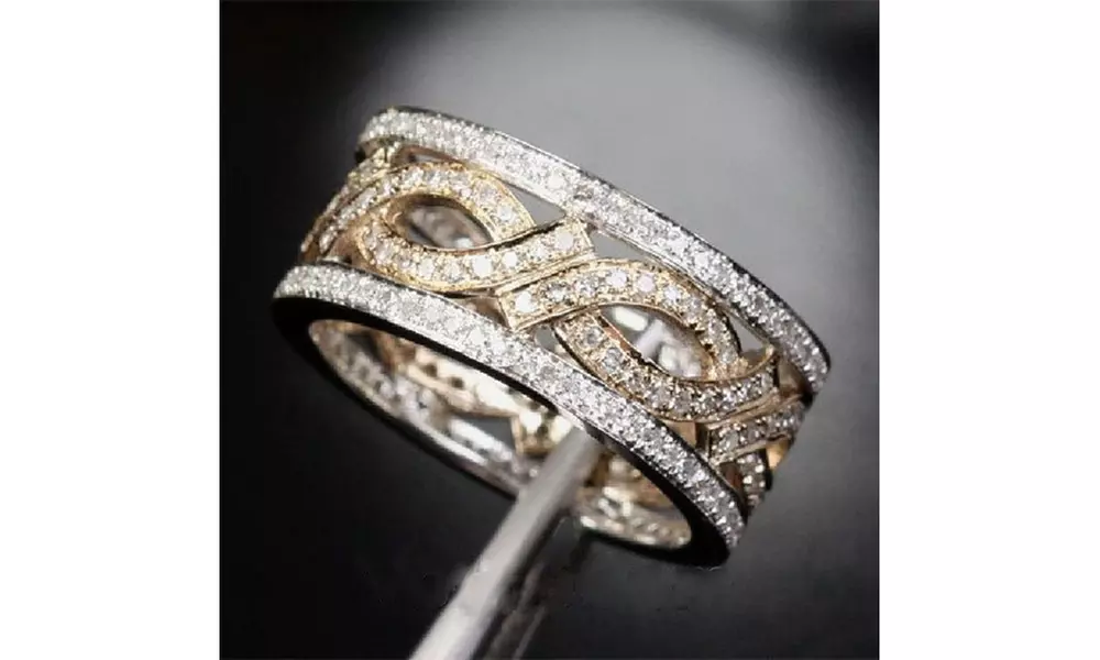 Women's 925 Sterling Silver Paved Diamond 18K Gold Bridal Wedding Band Ring - Second Medium