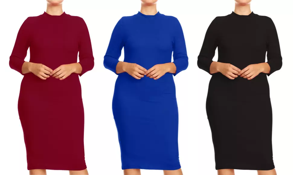 Women's Plus Size Mock Neck 3/4 Sleeves Casual Solid Bodycon Casual Mid Dress