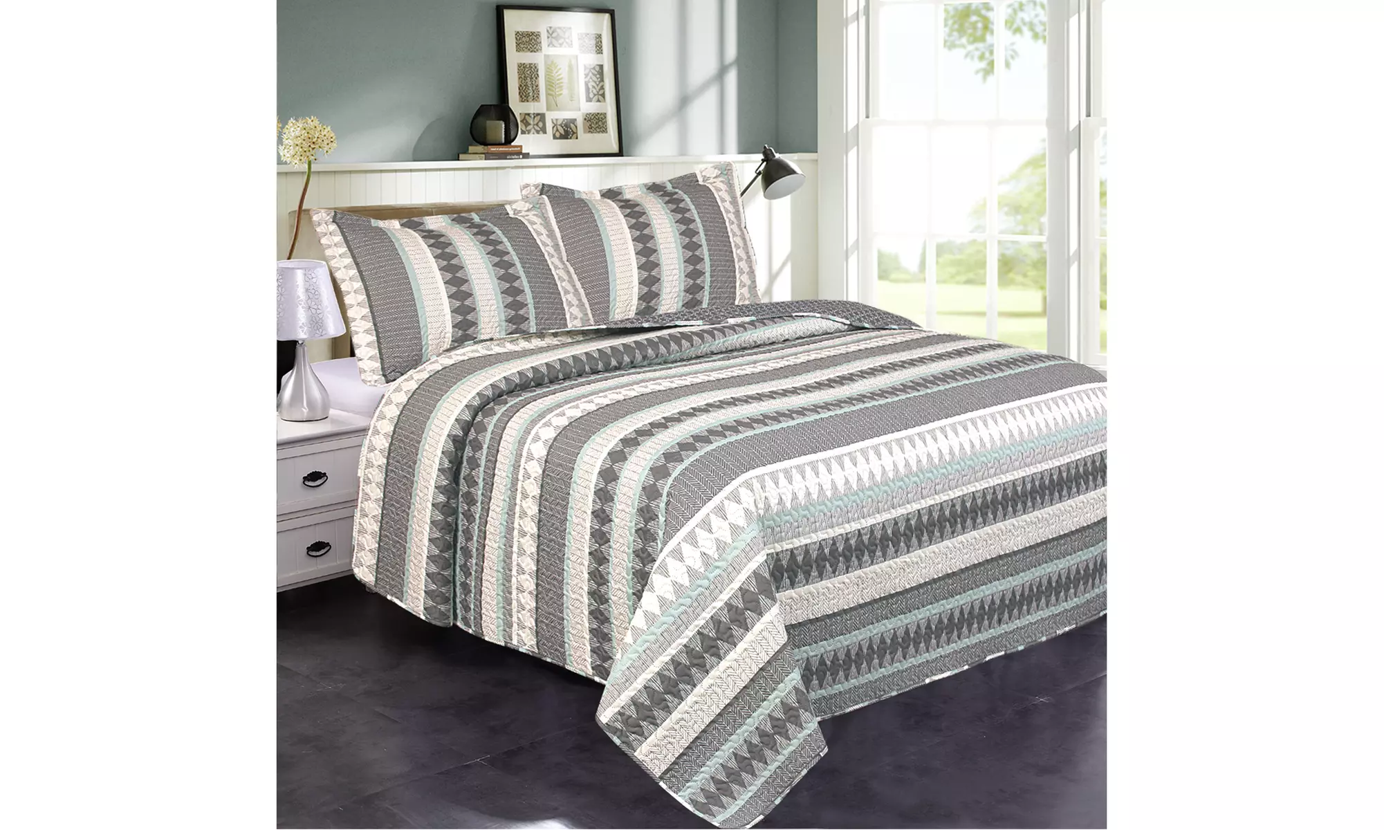 JML 3-Piece Reversible Quilt Set,Home Collection Printed Bedspread With 2 Shams