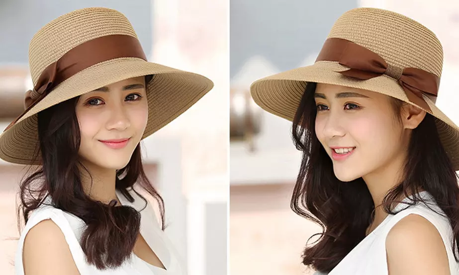 Womens UPF50 Foldable Summer Straw Hat Wide Brim Fedora Sun Beach Hat