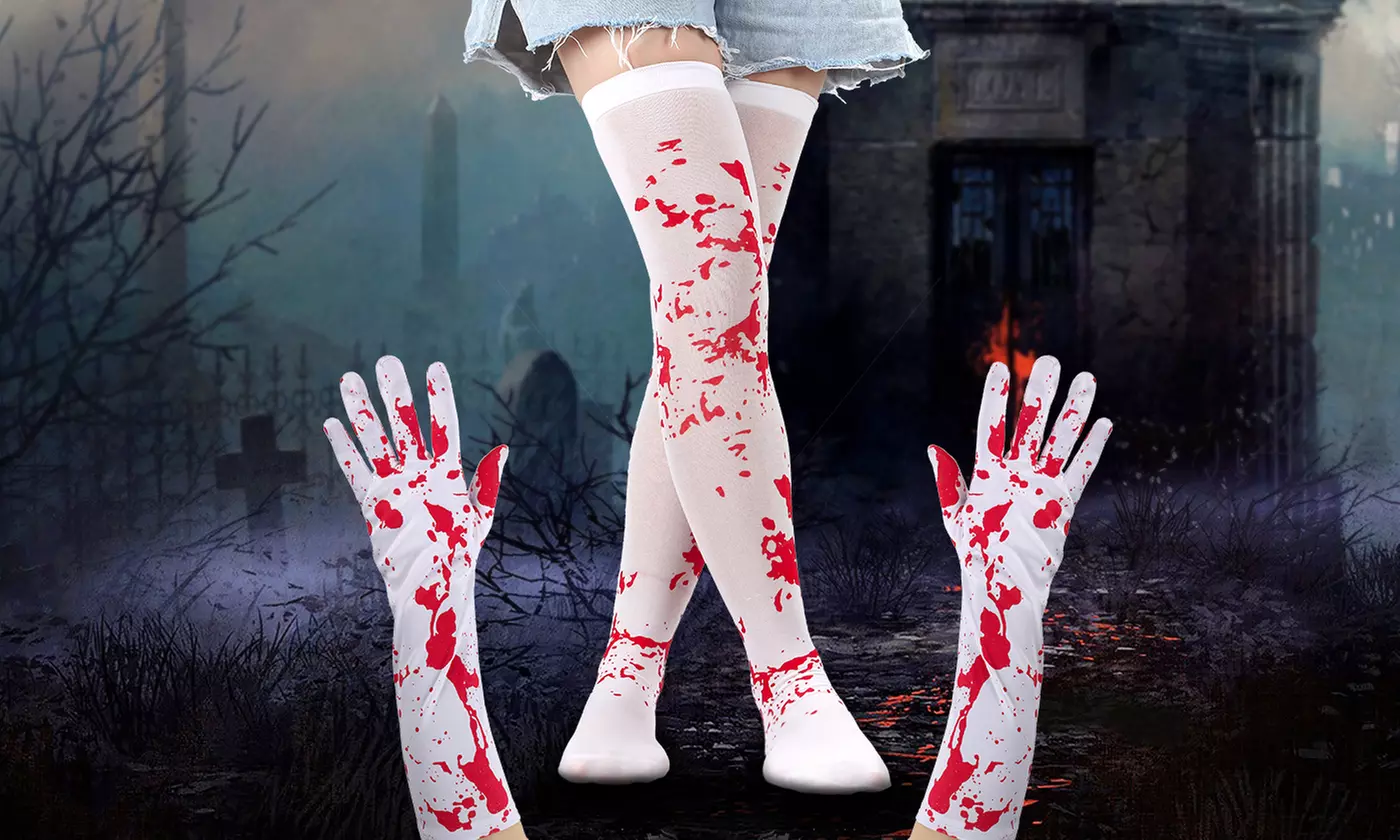 Halloween Party Costume Women Blood Stained Bloody Socks and Gloves Set