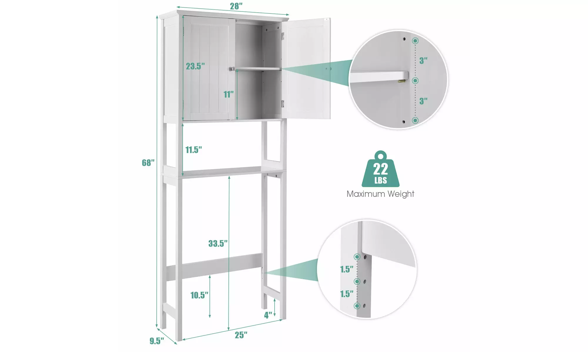 Over The Toilet Storage Cabinet Double Door Bathroom Organizer Adjustable Shelf 