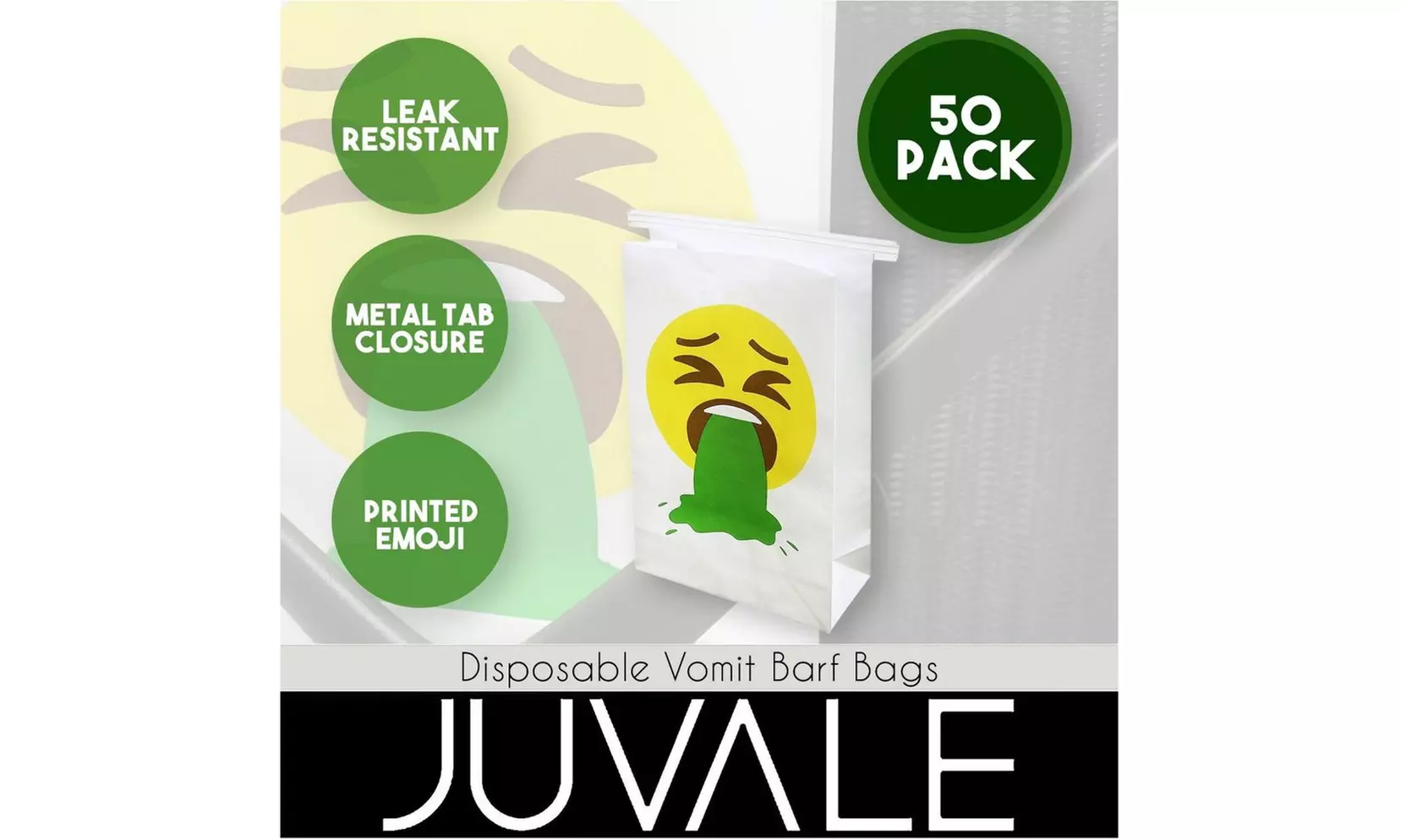 50 Pack Barf Bags White Emesis Hangovers Motion Sickness Vomiting Emoji Bag - Second Medium