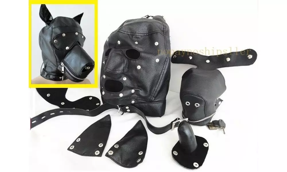 LEATHER GIMP DOG Puppy Hood Full Mask Mouth Costume Party Mask ZIPPED MUZZEL - Primary Image