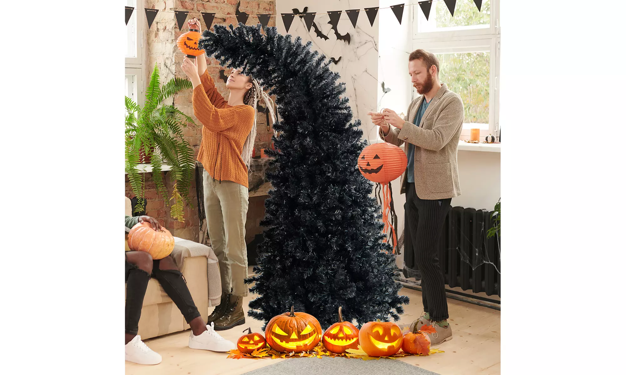 7FT Pre-Lit Black Halloween Tree With Purple & Orange Lights - Primary Image