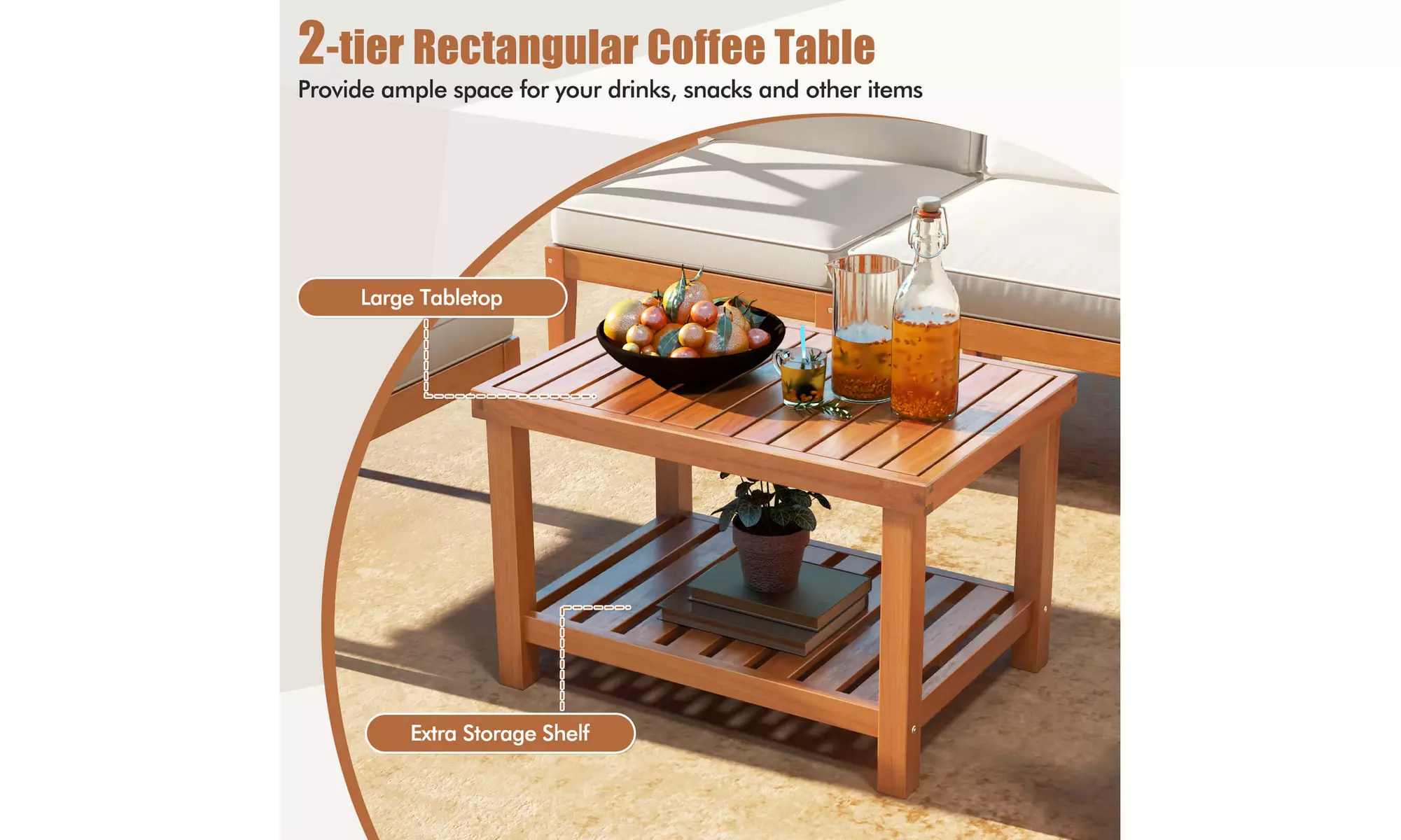 Costway Acacia Wood Patio Furniture Set with Cushions and 2-Tier Coffee Table