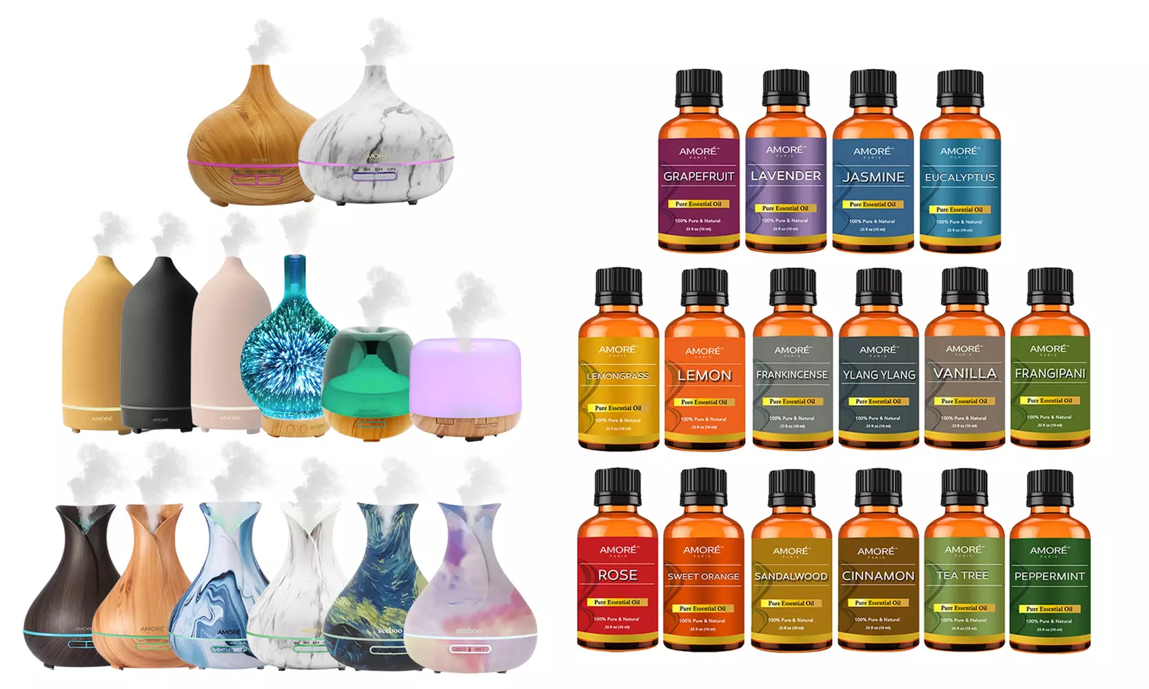 Premium Ultrasonic LED Color Changing Diffuser with 16-Piece Essential Oil Set - Primary Image