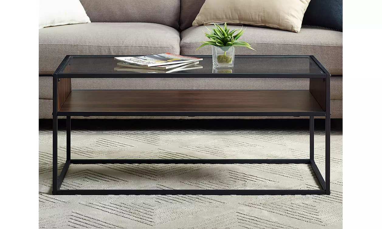 Offex 40" Metal and Glass Coffee Table with Open Shelf  - Primary Image