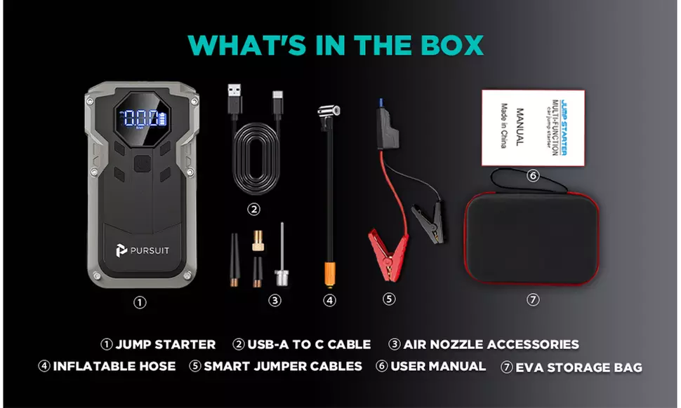 Pursuit Portable Car Jump Starter with 150PSI Air Compressor 12V Battery Booster