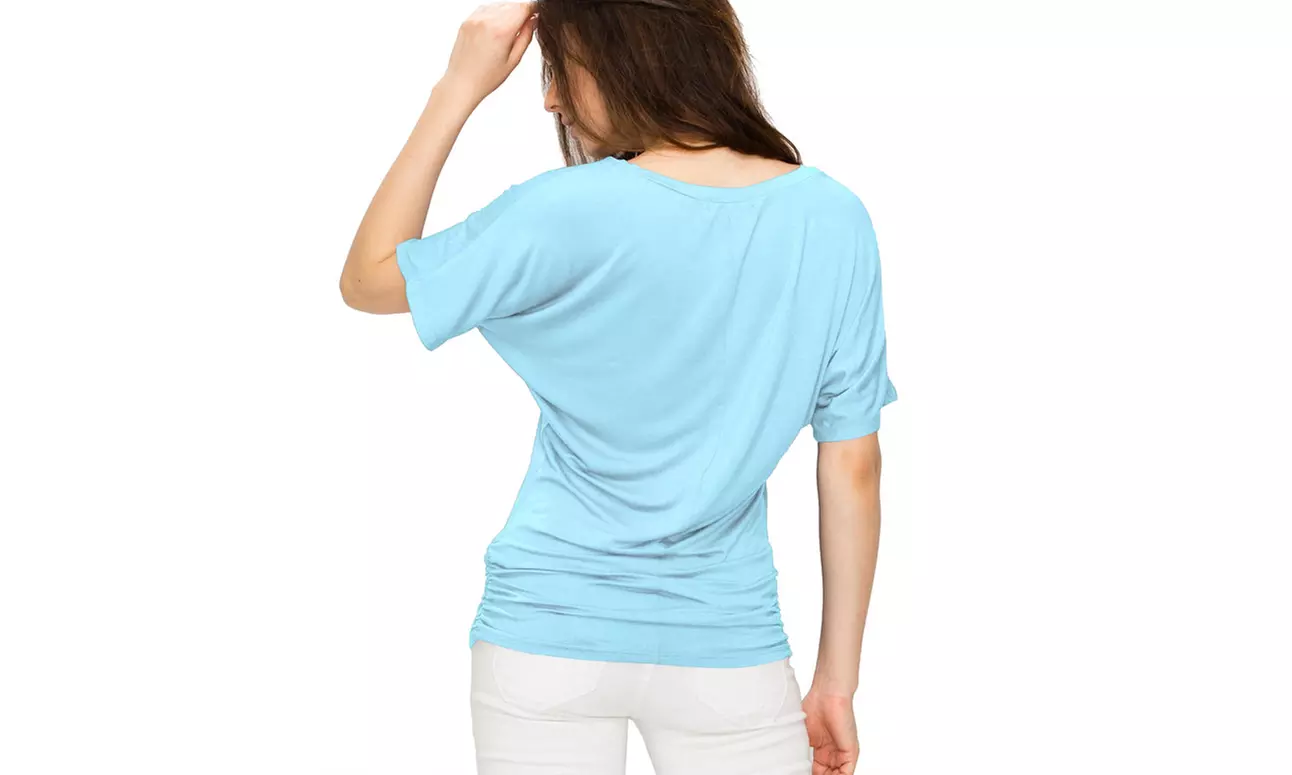 Made by Johnny Womens Solid Short Sleeve V-Neck Dolman Top with Side Shirring