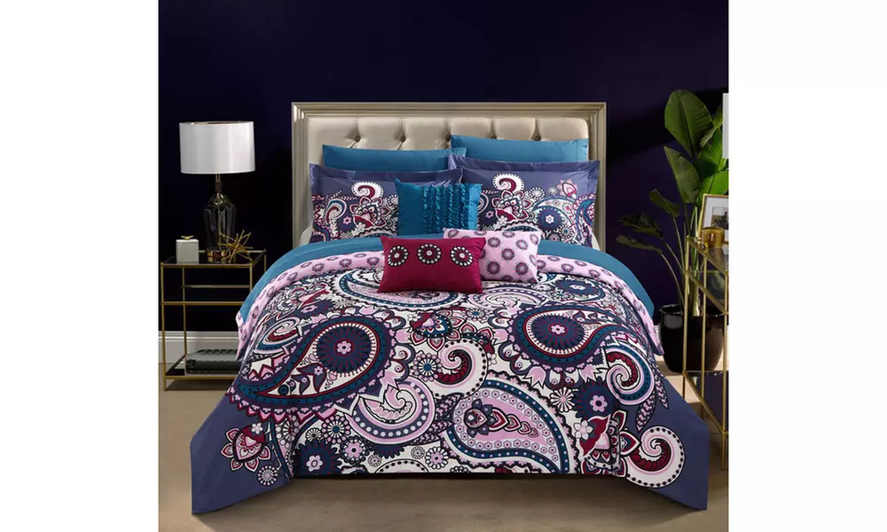 10 Piece REVERSIBLE Large Scale paisley Bohemian Comforter Set  With sheet set - Primary Image