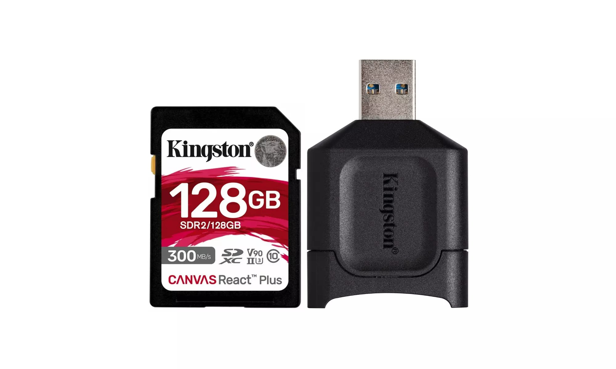 Kingston Canvas React Plus 128GB U3 V90 SDXC UHS-II SD Card and Card Reader - Primary Image