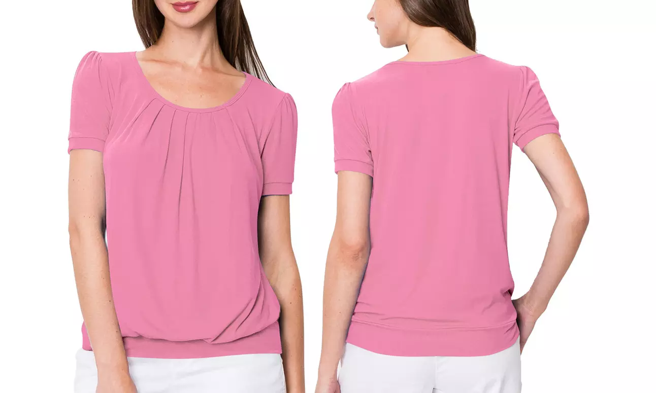 Made by Johnny Women's Scoop Neck Short Sleeve Front Pleated Blouse