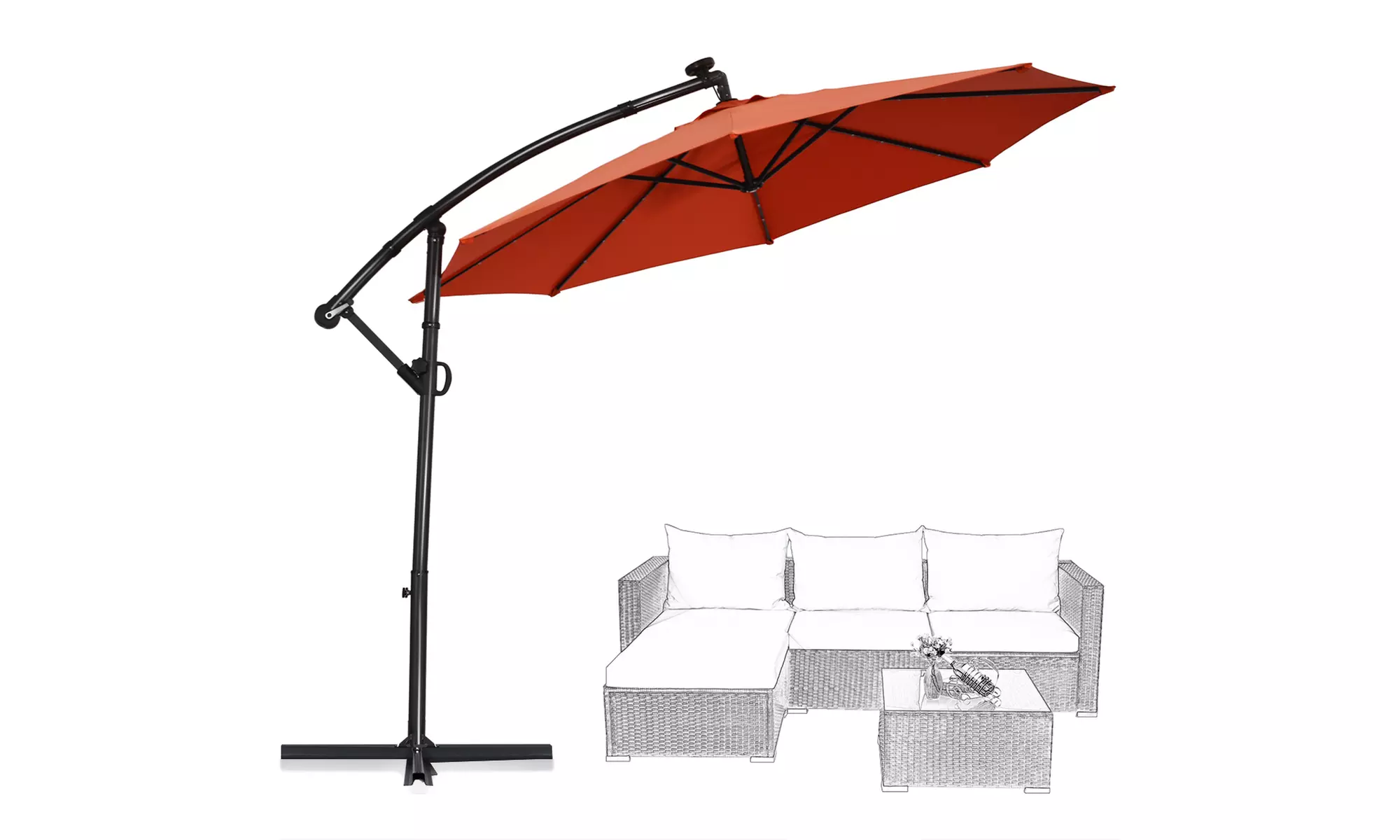 Costway 10FT Patio Offset Umbrella Solar LED 360degrees Rotation Orange