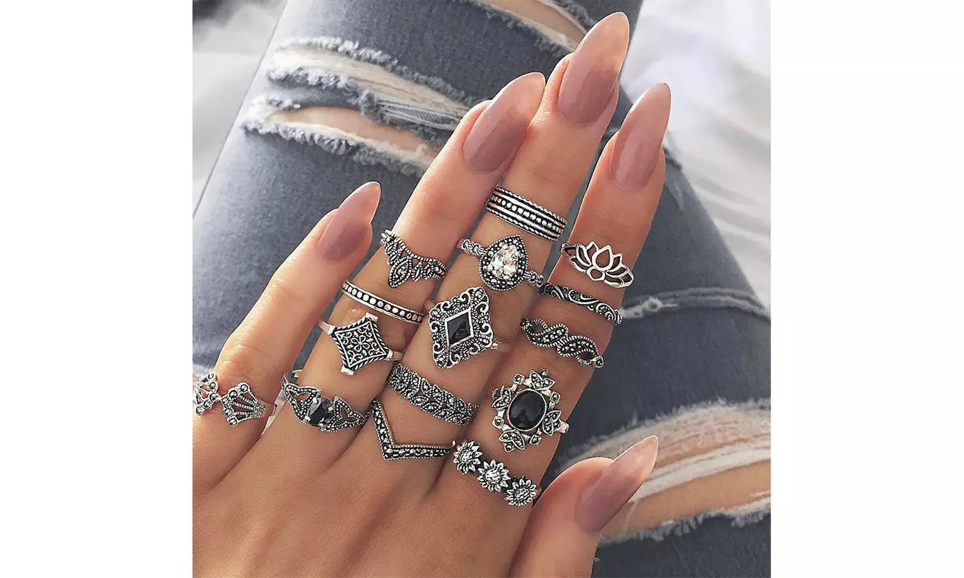 Women's Bohemian Vintage Ancient Silver Lotus Cool Ring 15-Piece Set - Primary Image