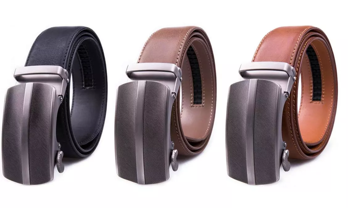 Men's Leather Automatic Buckle Ratchet Dress Belts in Black and Cognac  - Primary Image