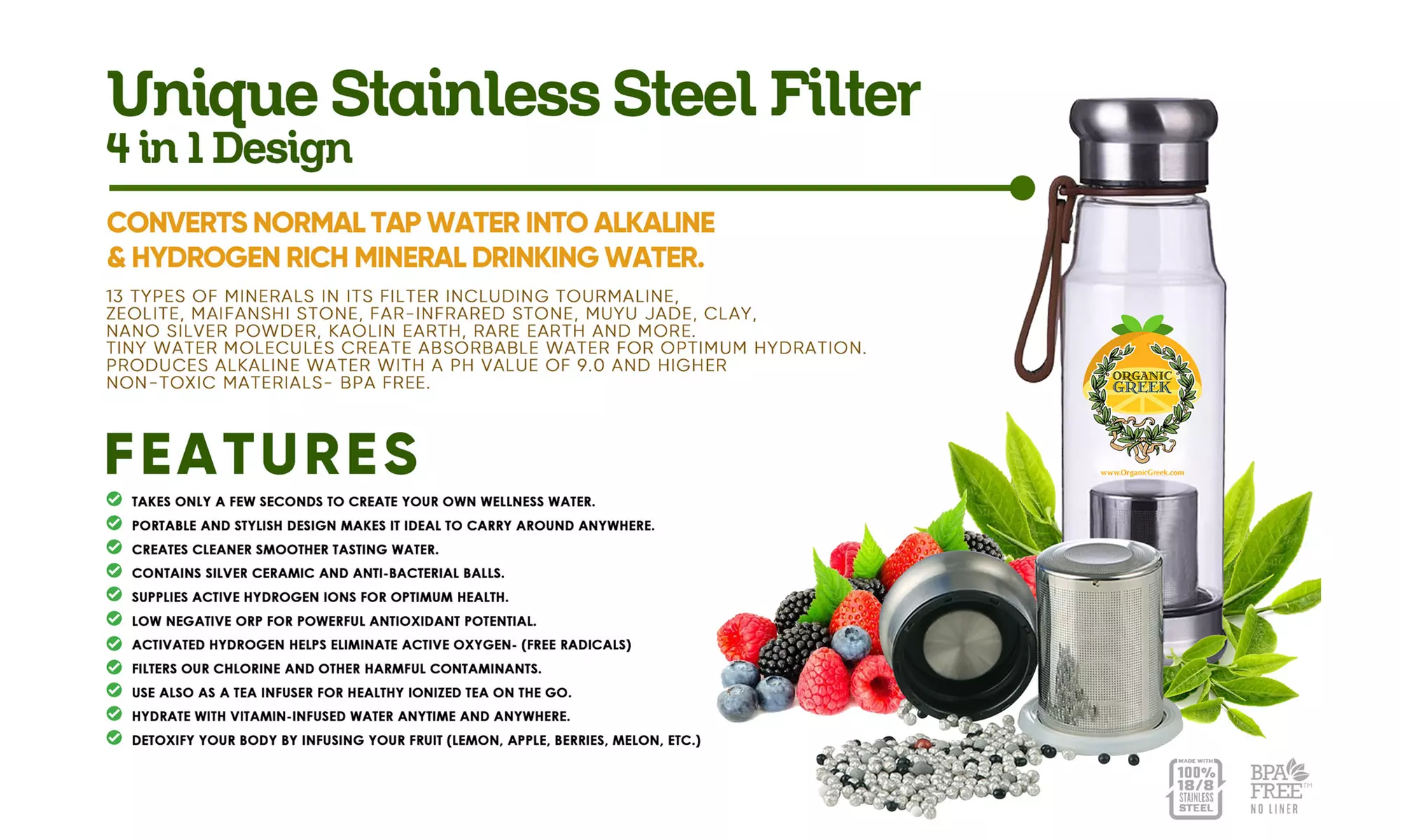 Hydrogen Alkaline Generator Water With Filter Bottle by Organic Greek - Primary Image