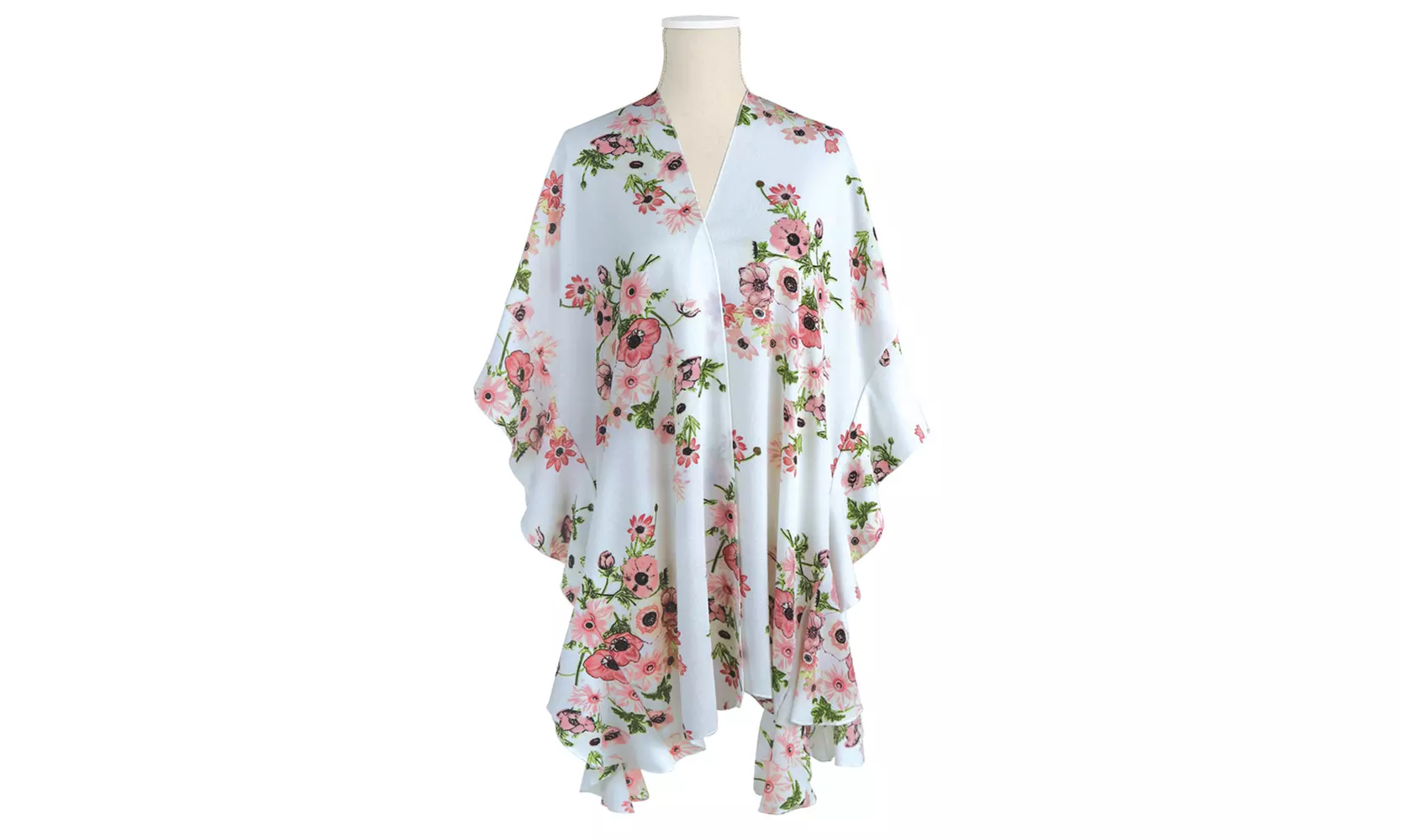 Women's Floral Print Ruffled Sleeve Sheer Chiffon Kimono Poncho - Second Medium