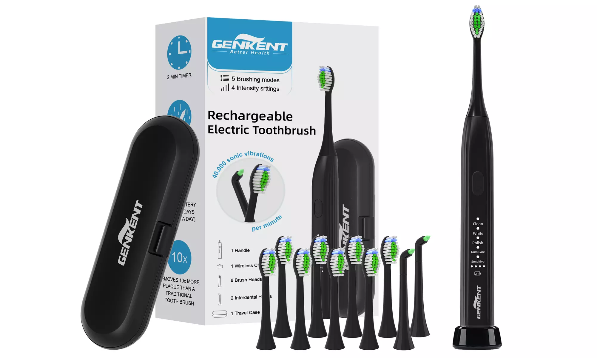 Sonic Electric Toothbrush 5 Modes, 4 Intensity with Charger Base and 10 heads - Primary Image