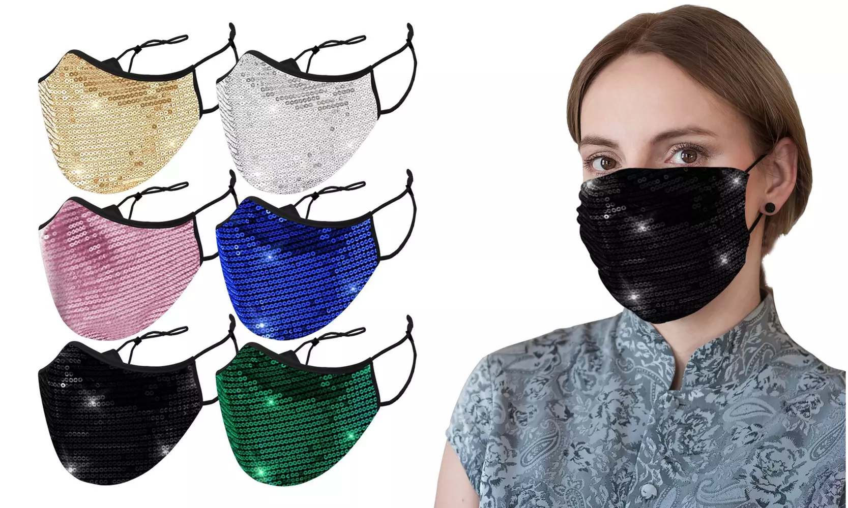 Sequined Cotton Fashion Face Masks With Adjustable Ear Loops (6-Pack) - Primary Image