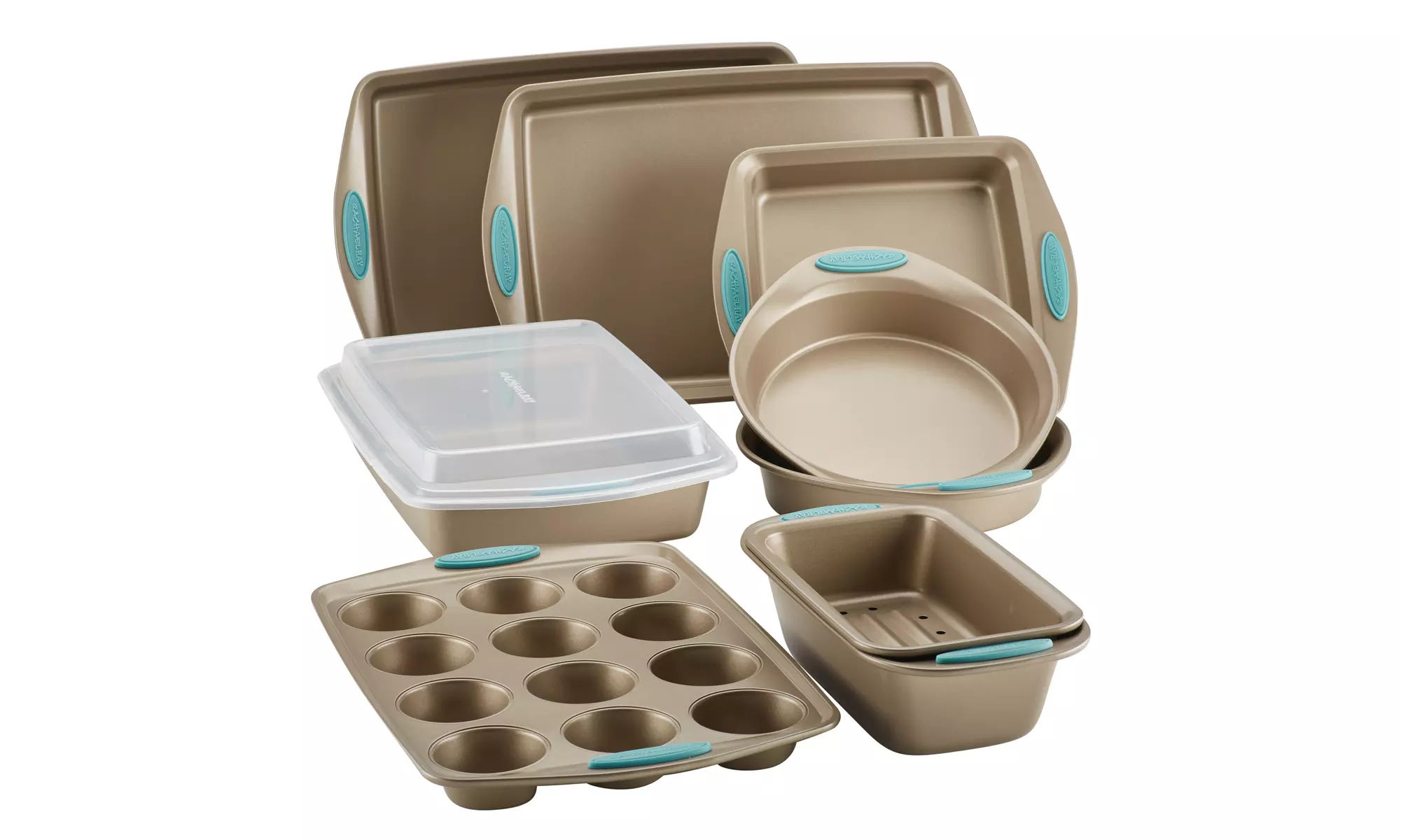 Rachael Ray Cucina Nonstick Bakeware 10pc Set, Latte Brown w Cranberry Red Grips - Second Medium