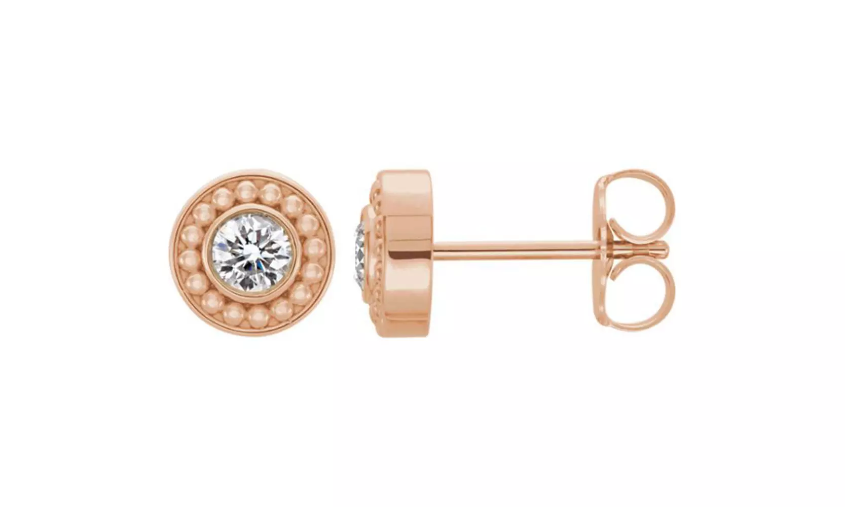  14K Rose 3mm Round Forever One Moissanite Beaded Earrings - Primary Image