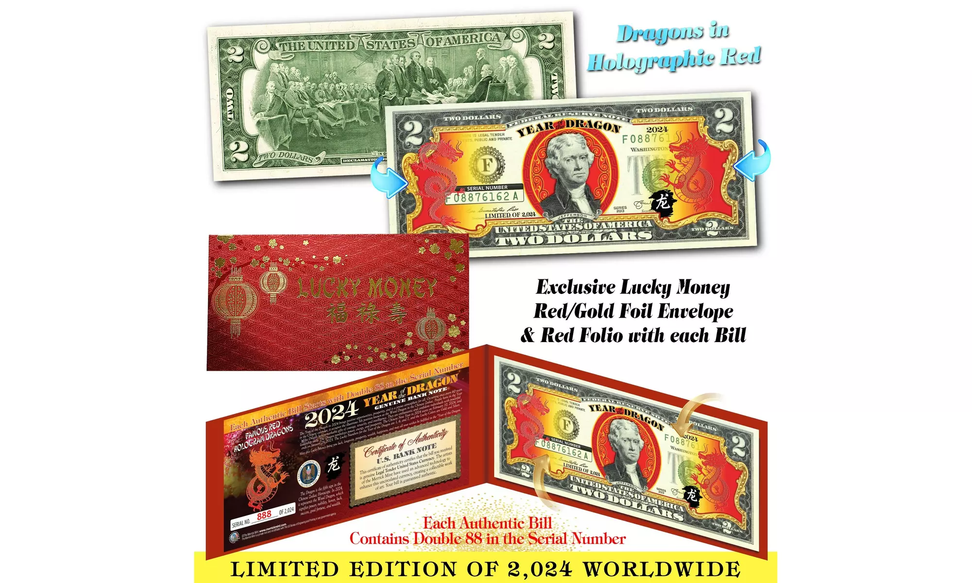 2024 Year of the DRAGON Chinese New Year RED Hologram 2 Dollar Bill-Ltd of 2,024 - Primary Image