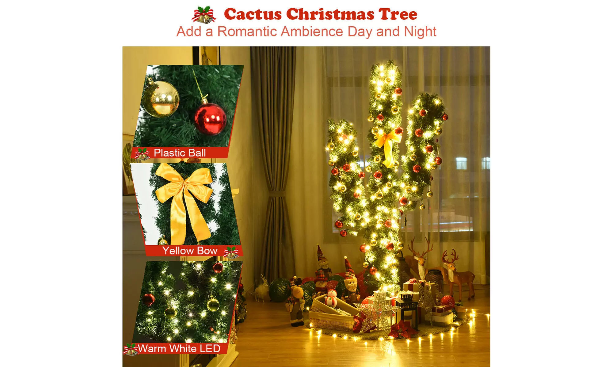 Costway 7Ft Pre-Lit Cactus Artificial Christmas Tree w/LED Lights and Ball 